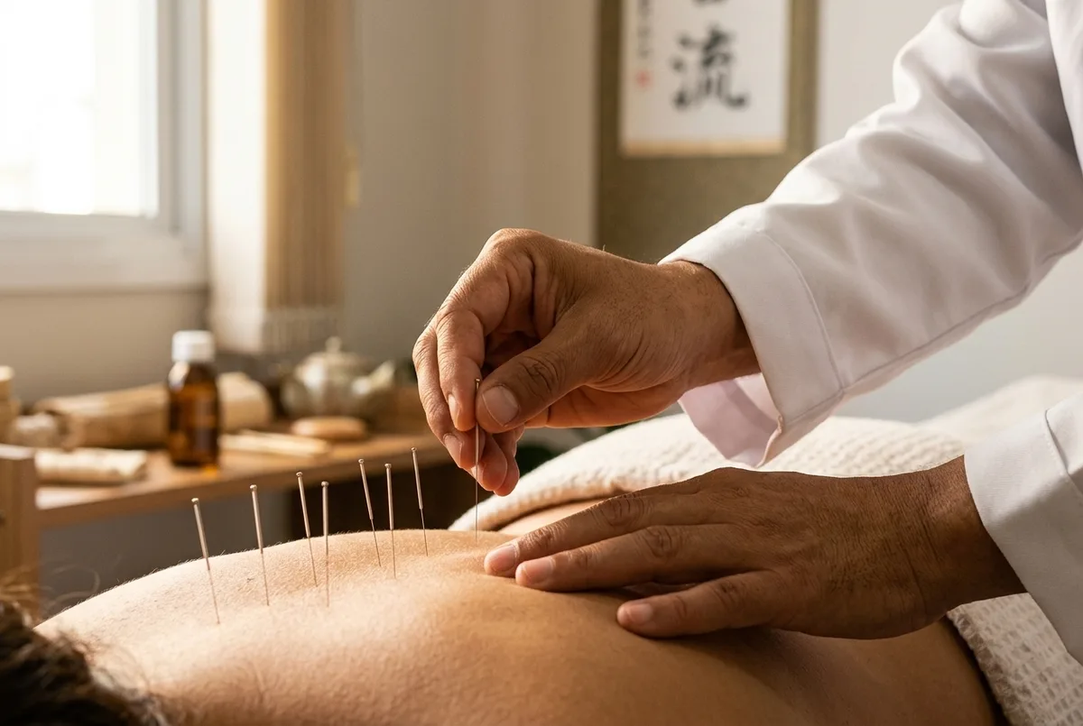 Terapeuta aplicando agulhas de acupuntura no braço do paciente, deitado na maca