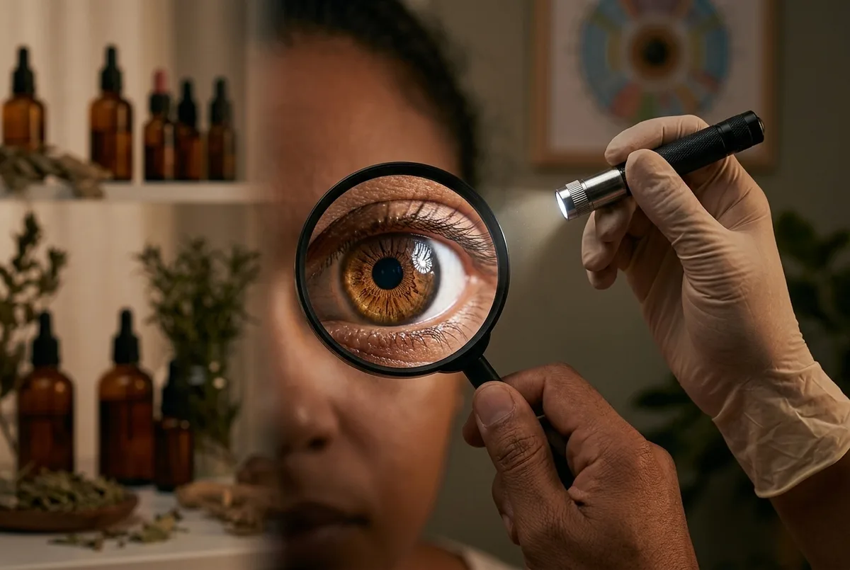 Terapeuta observando de perto a íris do paciente com lupa e luz, durante a leitura inicial
