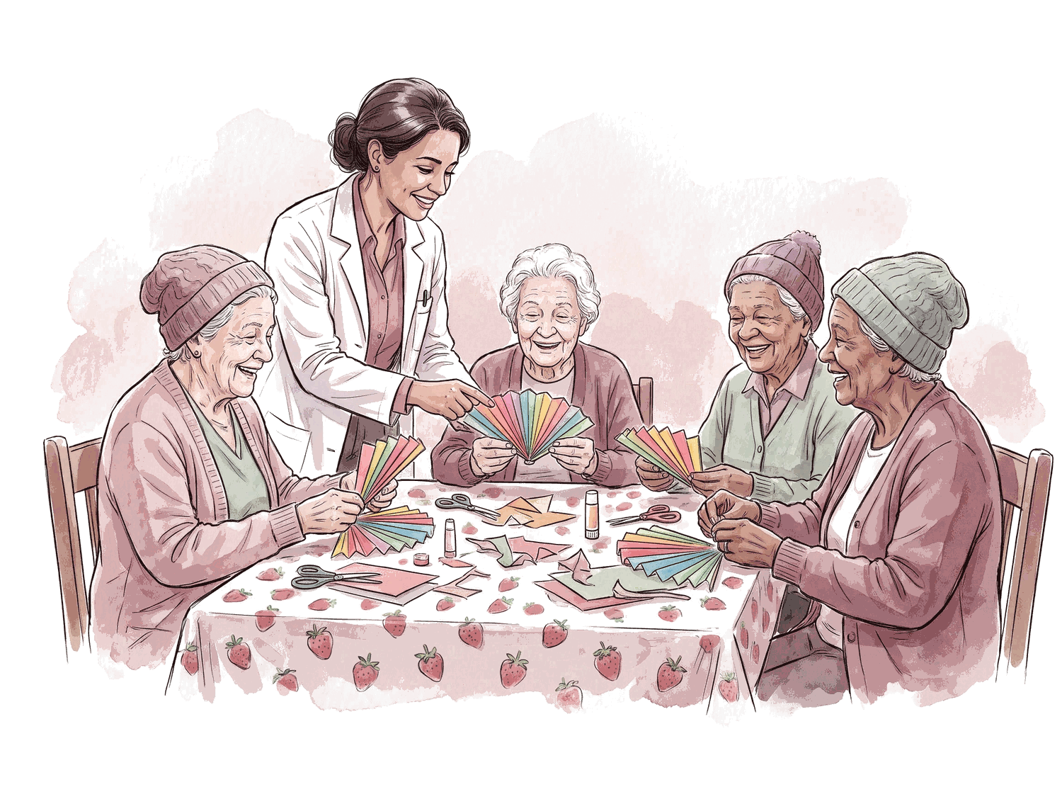 Senhoras dobrando leques de papel colorido em mesa com toalha de morango