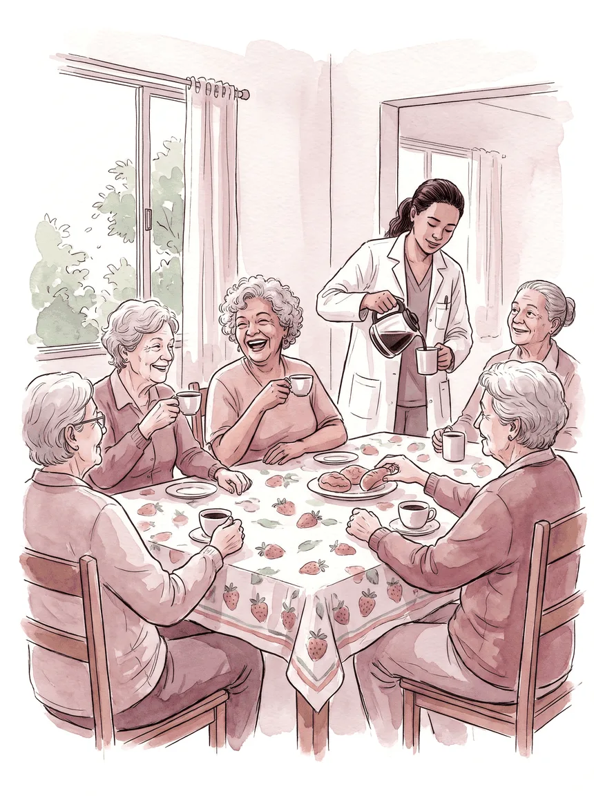 Senhoras conversando ao redor da mesa de café na sala comum