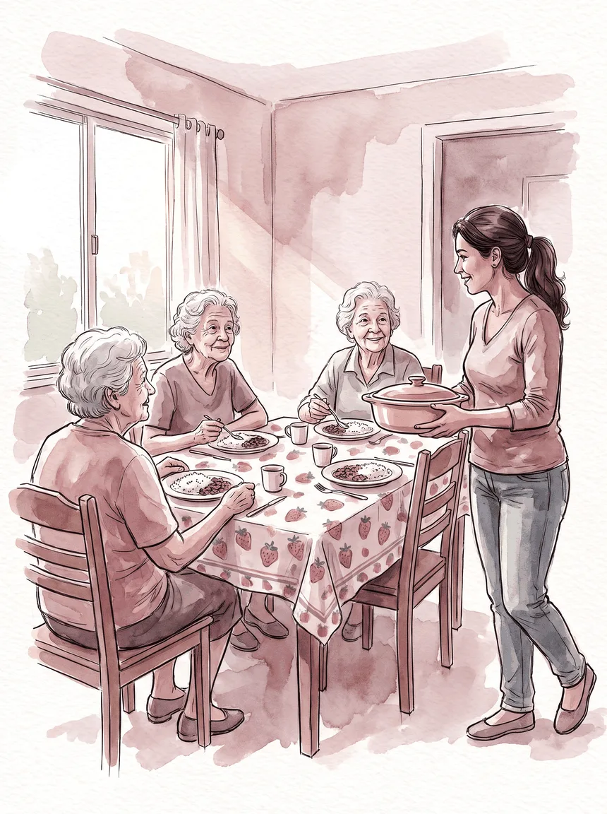 Almoço na mesa comum com moradoras e uma visitante