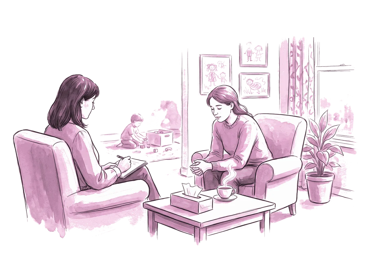 Psicóloga conversando com uma mãe, desenhos infantis emoldurados na parede ao fundo