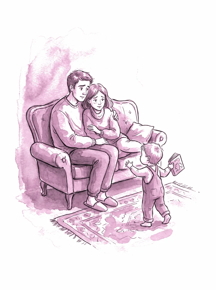Mãe e pai sentados no sofá observando o filho pequeno brincar no chão