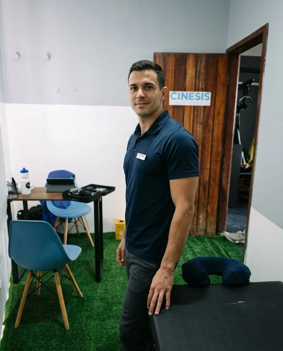 Fisioterapeuta em atendimento na sala da clínica Cinesis Fisioterapia Esportiva.
