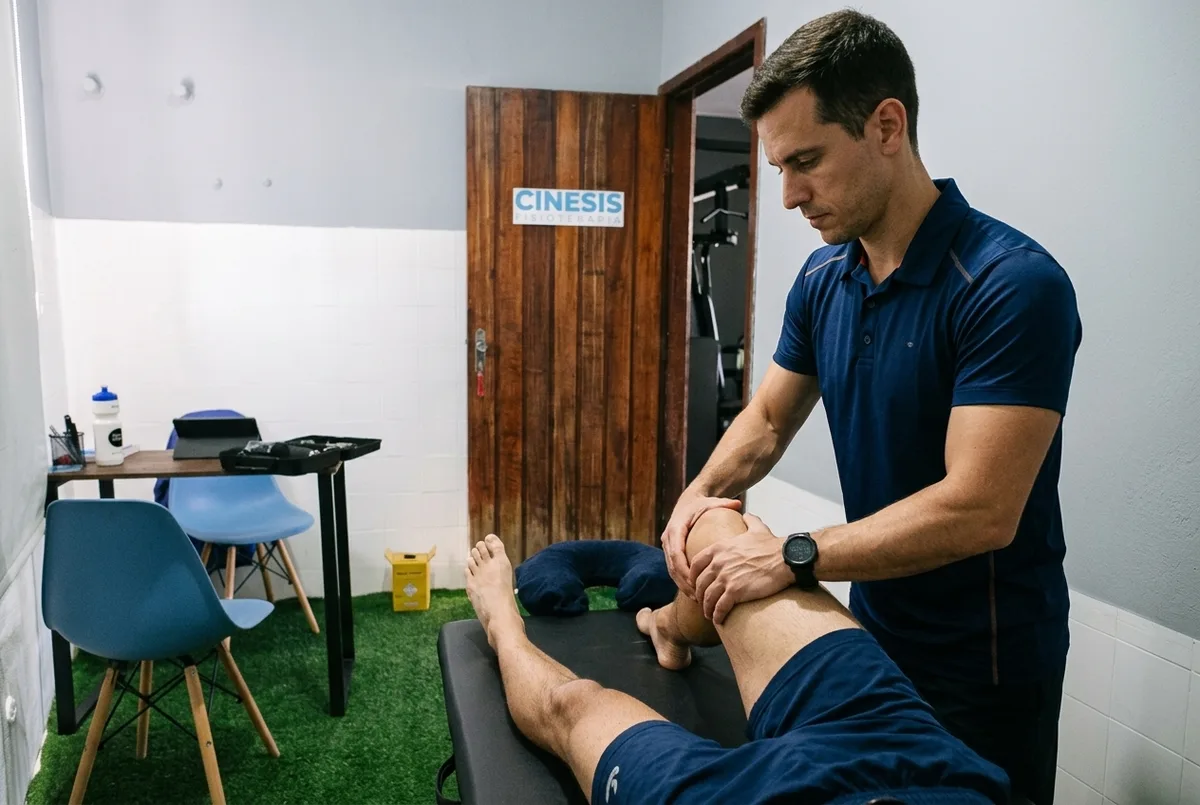 Sessão de atendimento na sala da clínica, com a fisioterapeuta auxiliando o movimento do paciente.