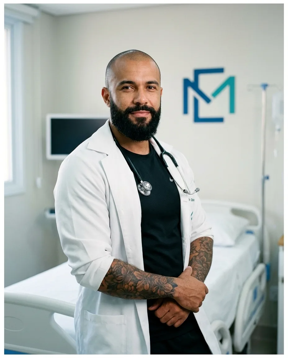 Ednei Silva de jaleco branco, em pé na sala de atendimento