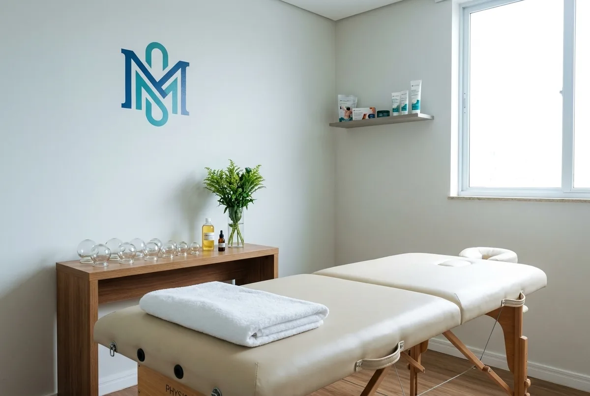 Sala de atendimento da clínica com maca de tratamento, ventosas de vidro, óleo e prateleira organizada