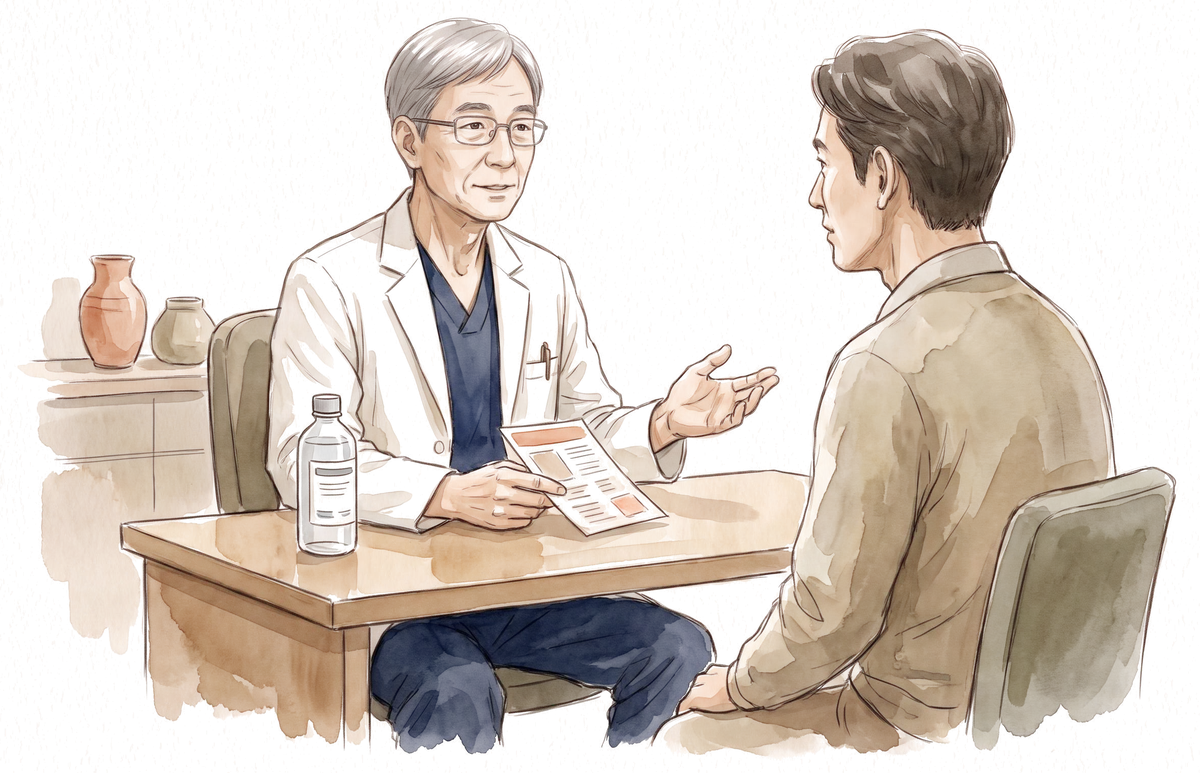 Cirurgião explicando o preparo do exame a um paciente sentado, com folheto e frasco de solução sobre a mesa