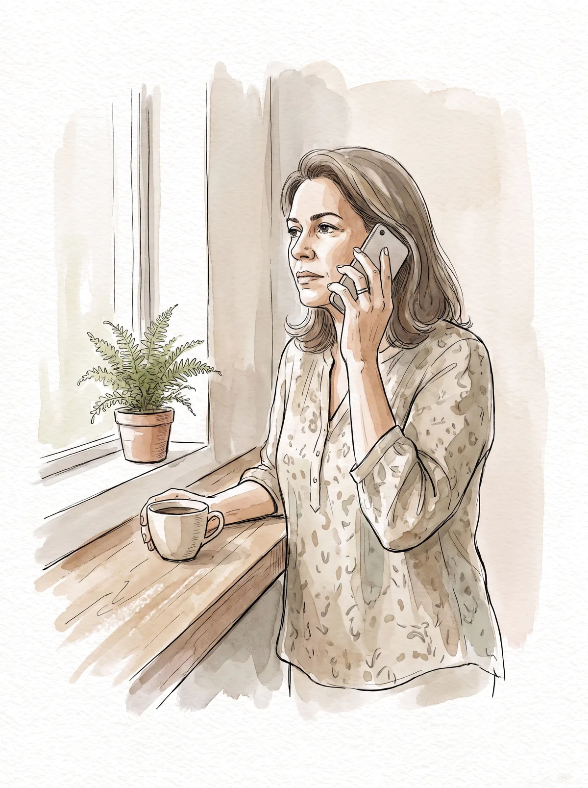 Mulher de cinquenta anos na cozinha, com o celular na mão, decidindo se liga