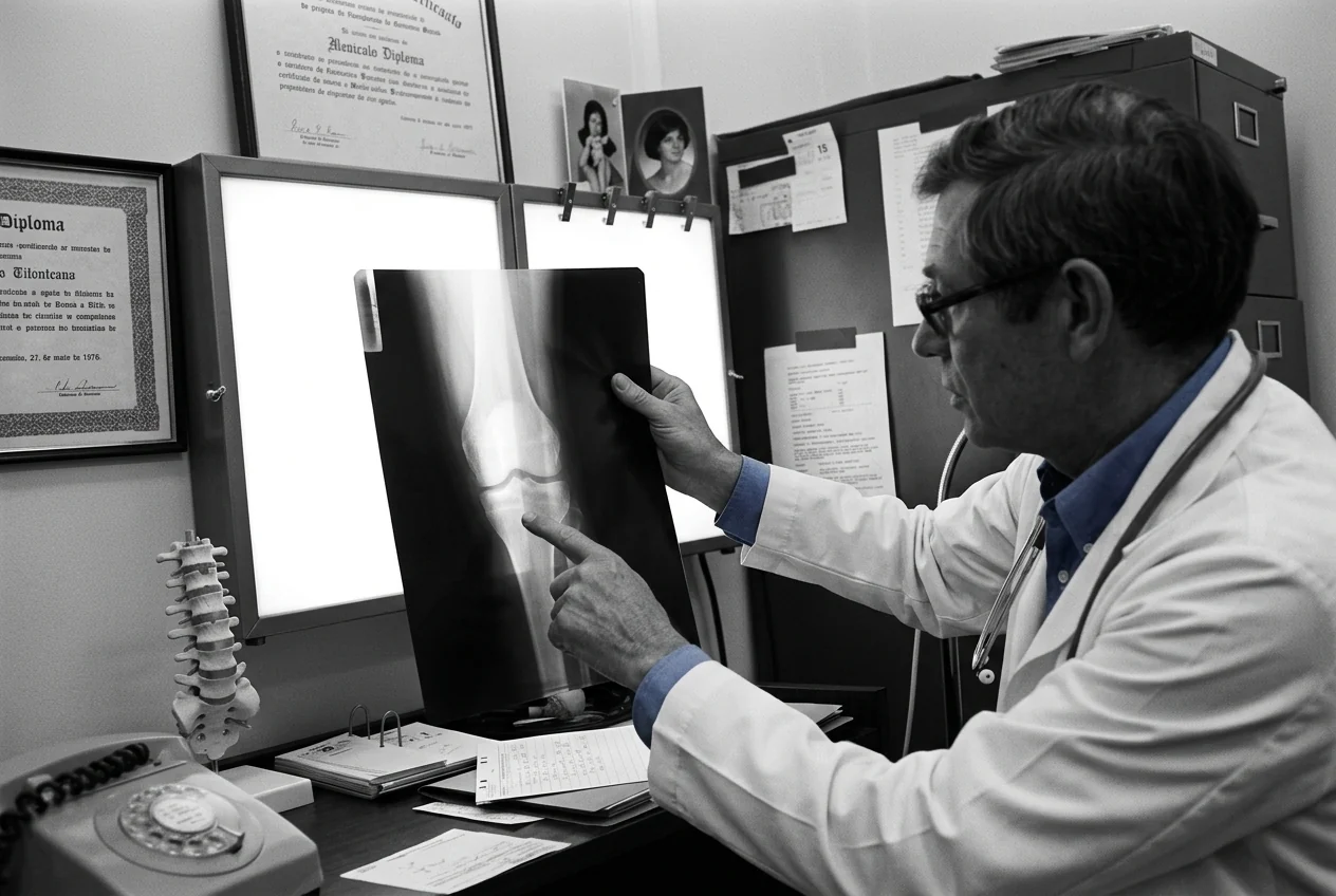 Cena em preto e branco de um profissional de jaleco examinando uma radiografia de joelho contra o negatoscópio, com modelo de coluna vertebral, diplomas emoldurados e telefone de disco sobre a mesa