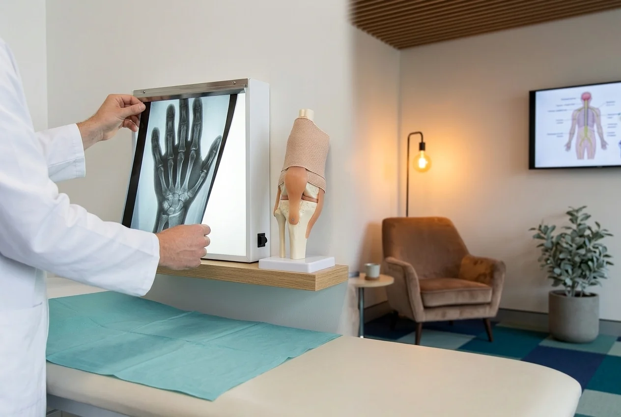 Consultório de ortopedia da clínica, radiografia de mão apoiada no negatoscópio, modelo anatômico de joelho com bandagem sobre a prateleira, maca preparada e poltrona de atendimento ao fundo