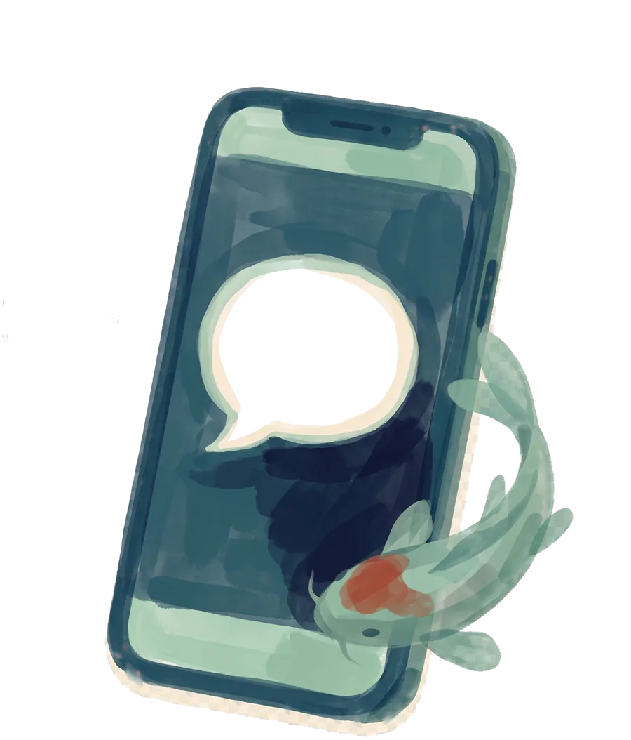 Ilustração em aquarela de um celular inclinado com um balão de mensagem na tela e uma carpa koi clara atravessando a cena