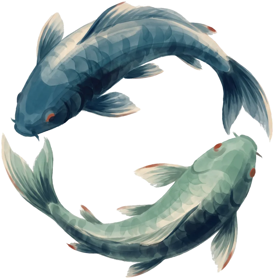 Ilustração em aquarela de duas carpas koi nadando em círculo, uma em azul profundo e outra em verde claro