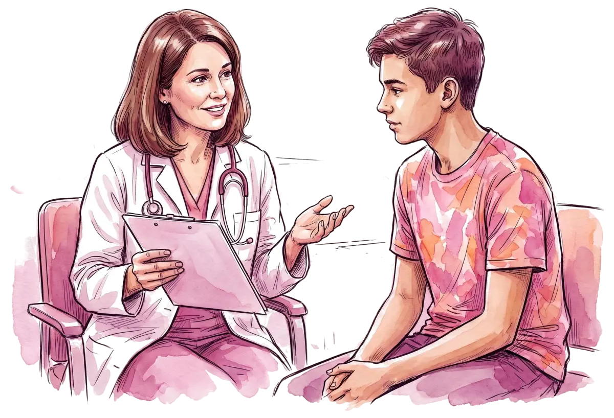 Pediatra em conversa com uma adolescente em consulta de hebiatria