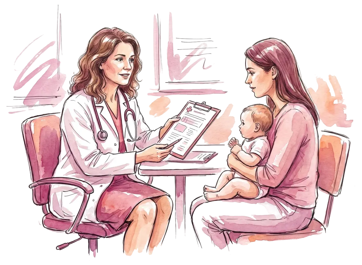 Pediatra examinando a barriga de uma criança na maca