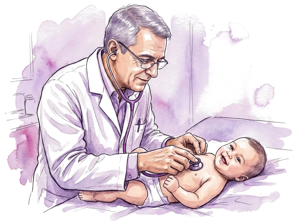 Pediatra examinando um bebê sorridente no colo da mãe