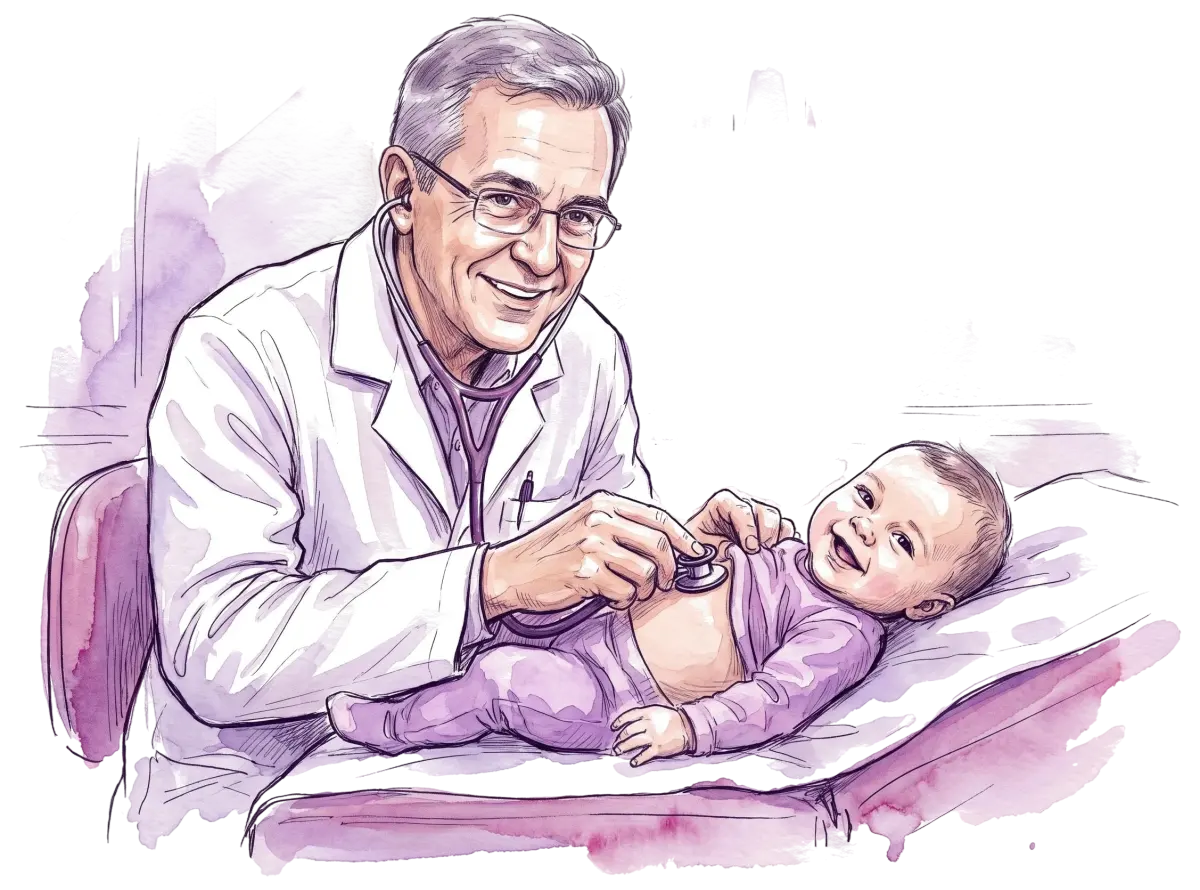 Mãe segurando recém-nascido em consulta com o pediatra