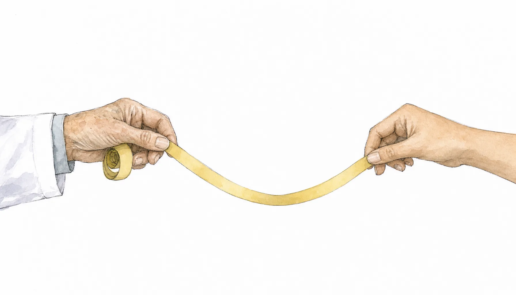 Ilustração em aquarela de duas mãos aproximando uma fita métrica