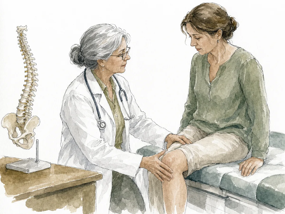 Ilustração em aquarela da médica examinando o joelho de uma paciente na maca, com a coluna anatômica ao lado