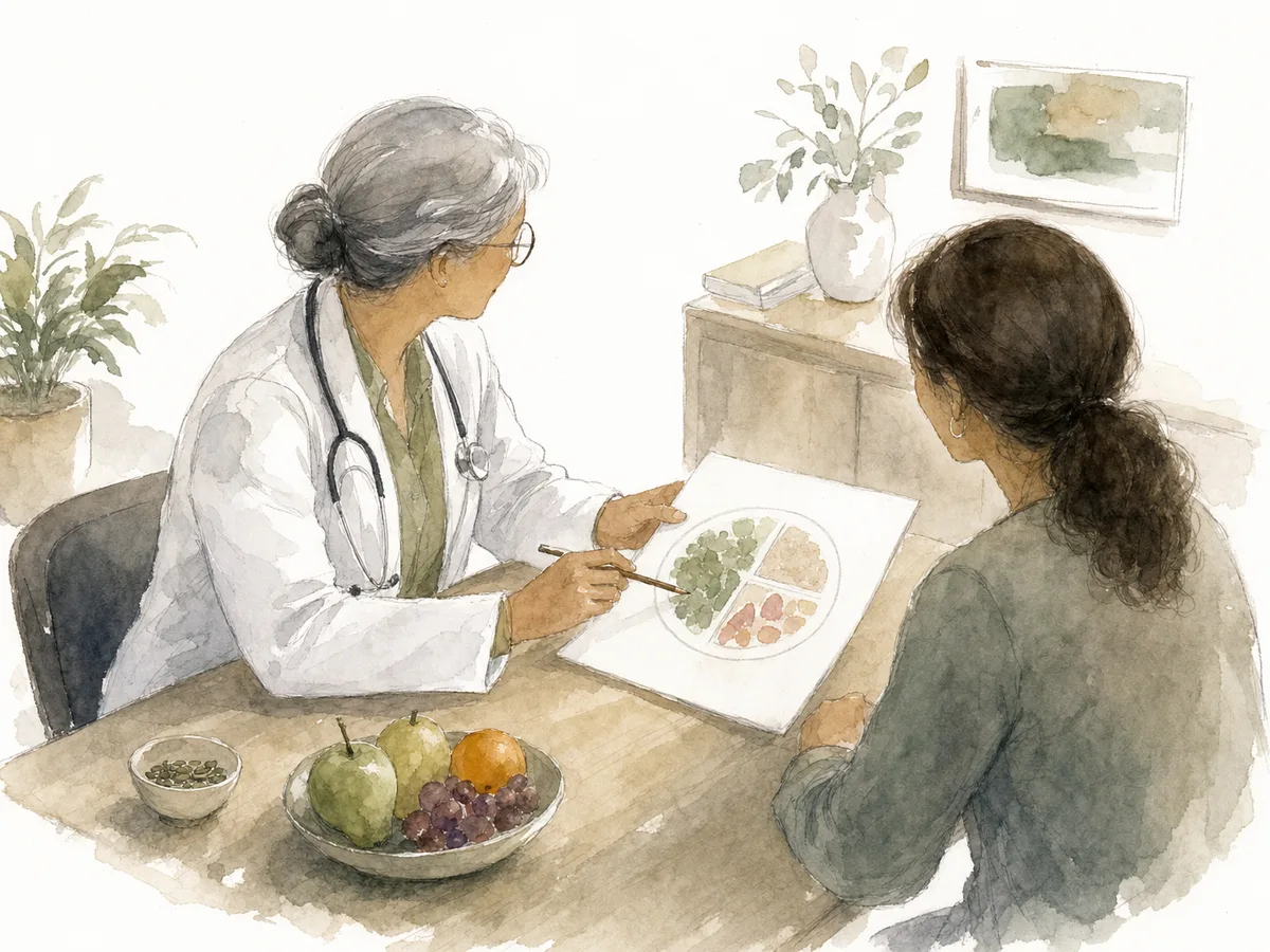 Ilustração em aquarela da médica mostrando orientação alimentar numa folha para uma paciente