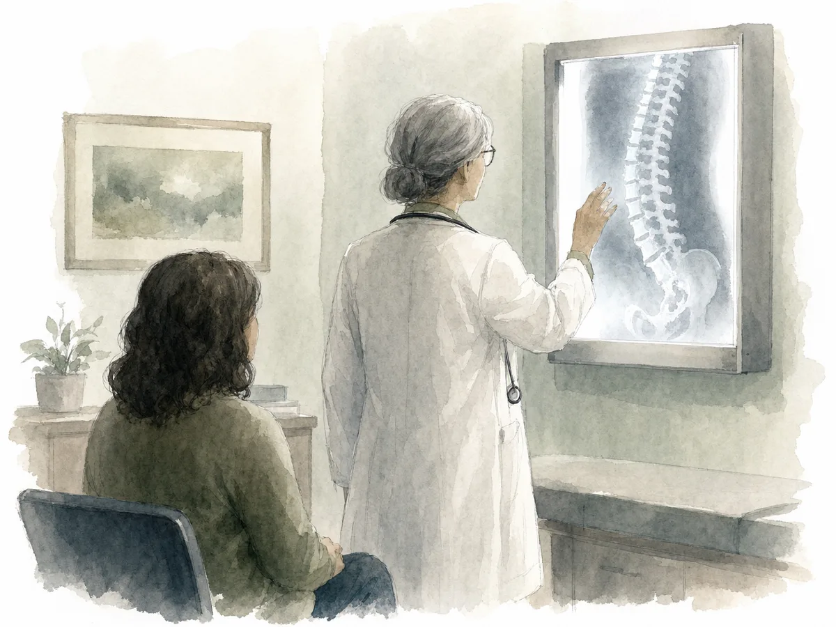 Ilustração em aquarela da médica diante do negatoscópio com uma radiografia de coluna