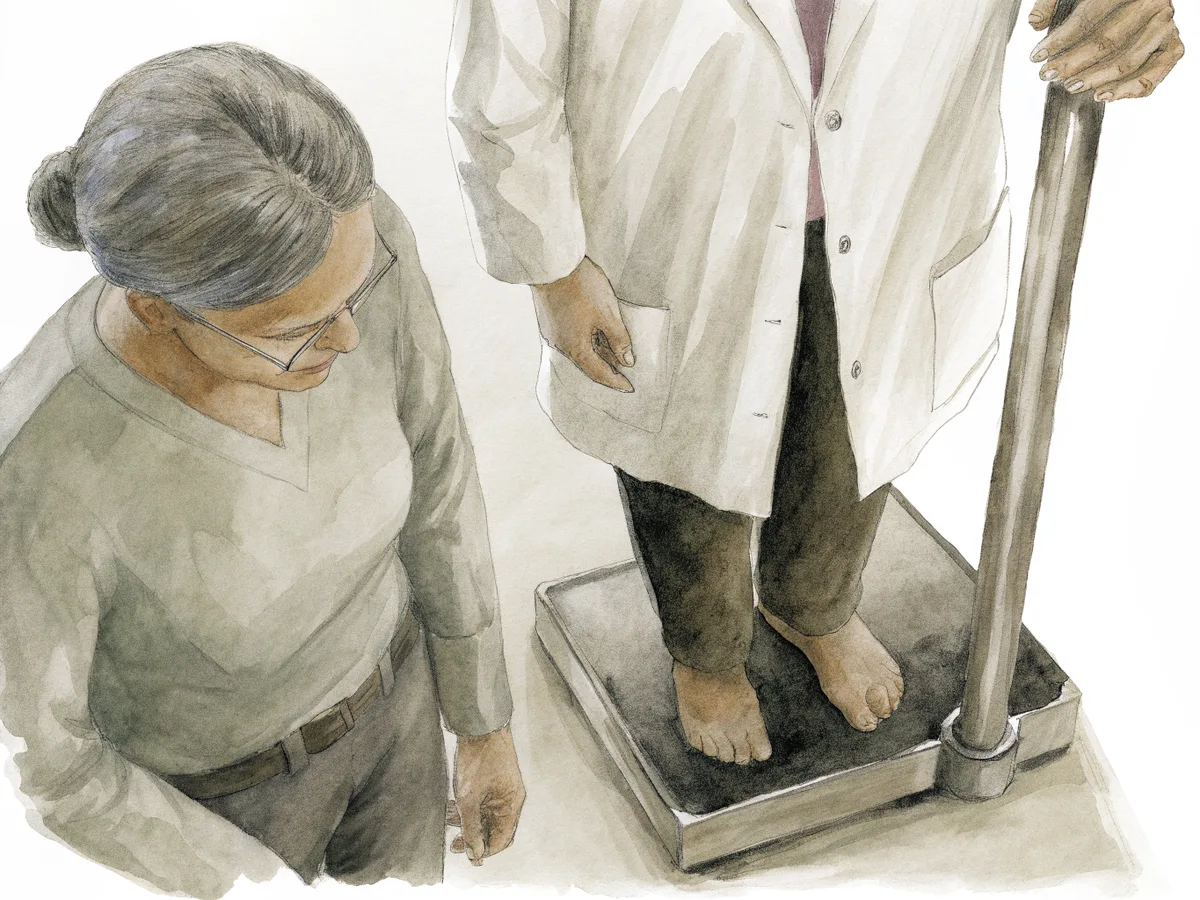 Ilustração em aquarela de uma paciente na balança de plataforma apoiada no braço da médica