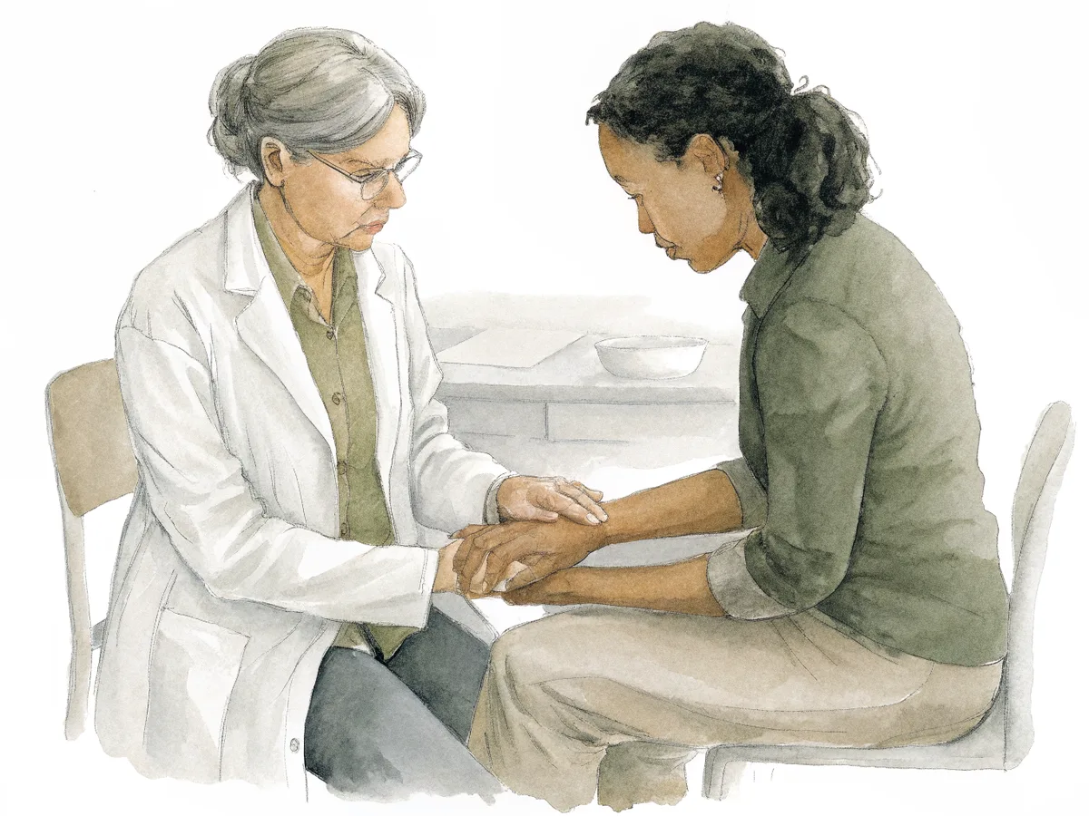 Ilustração em aquarela da médica examinando o punho de uma paciente sentada