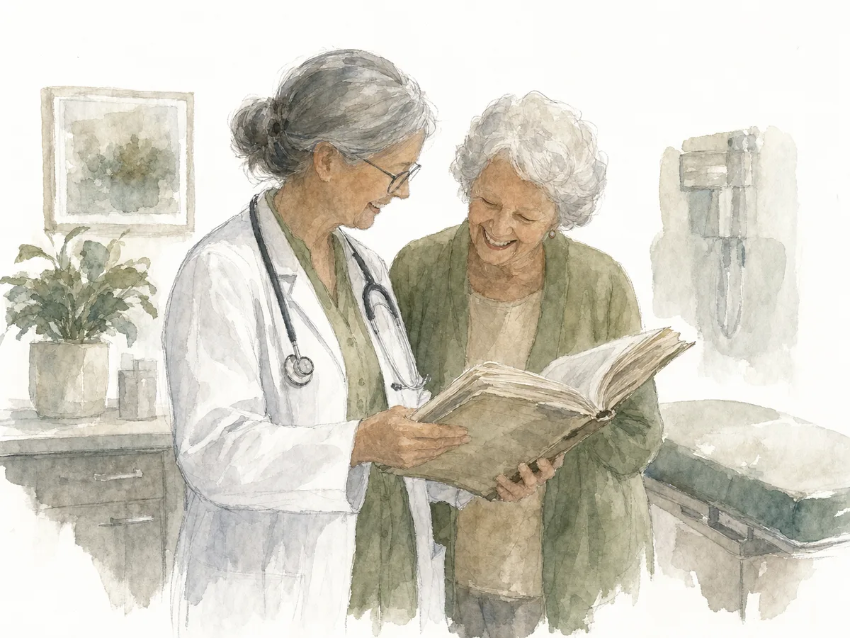 Ilustração em aquarela da médica folheando um prontuário antigo ao lado de uma paciente
