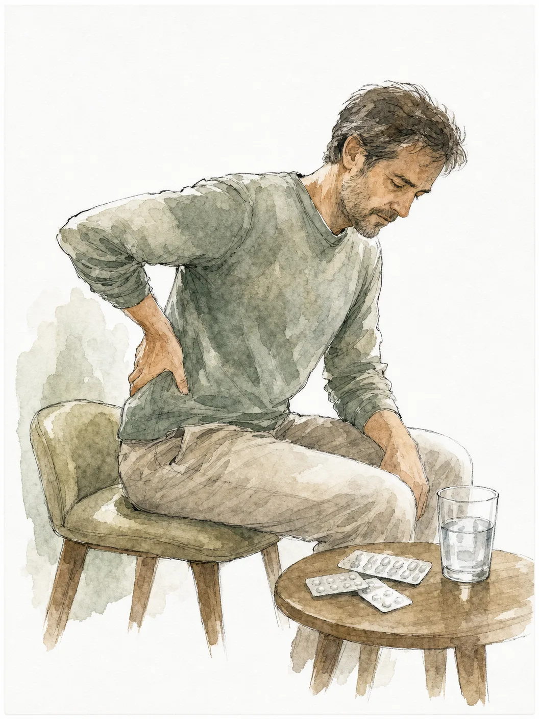 Ilustração em aquarela de paciente com dor que já tentou vários tratamentos