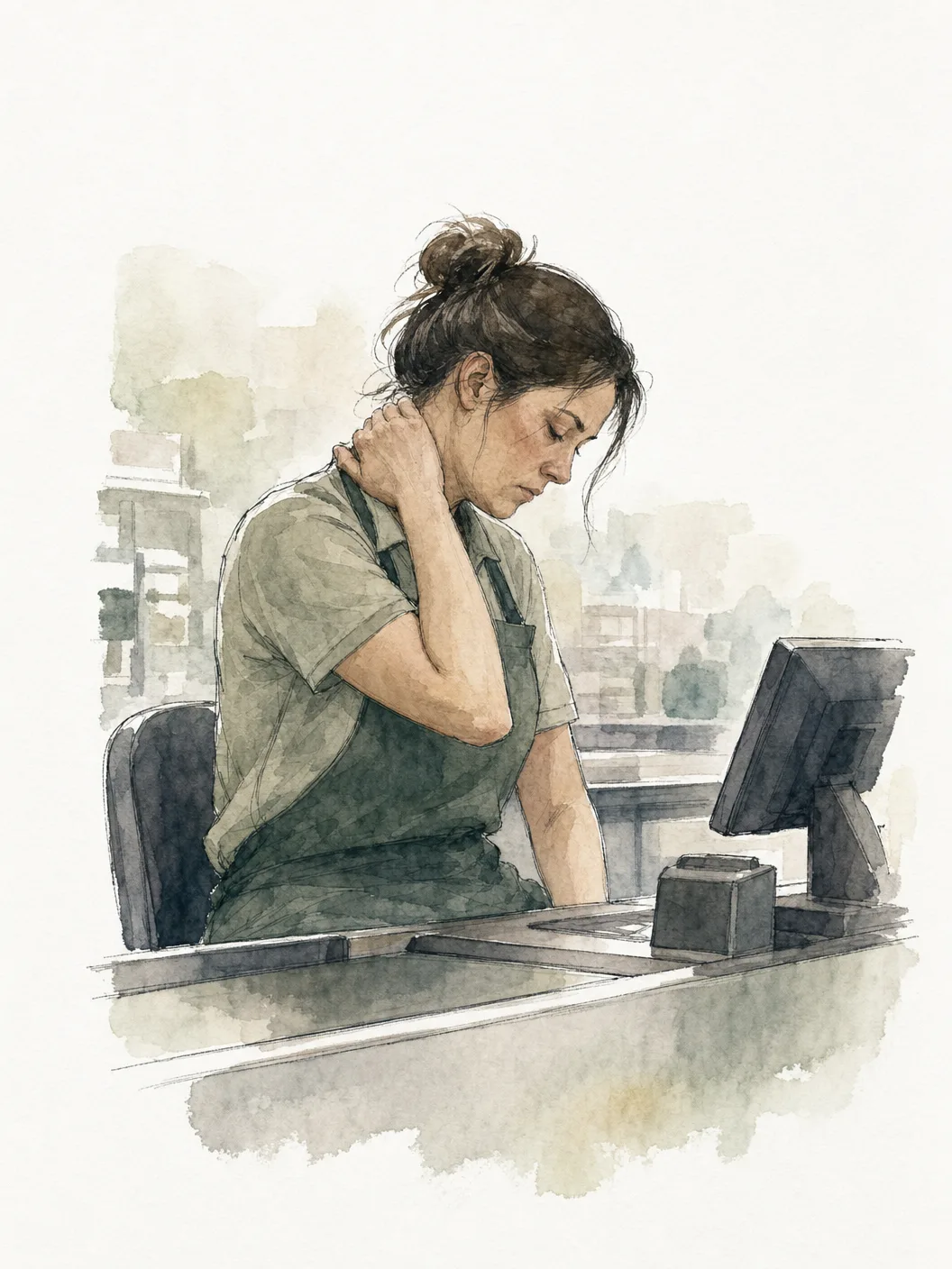 Ilustração em aquarela de pessoa com dor por passar o dia sentada