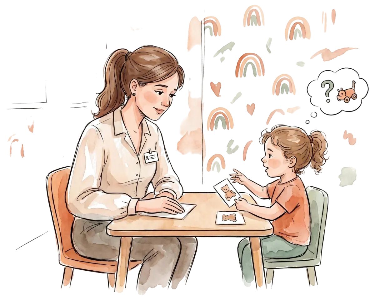 Fonoaudióloga trabalhando fala e linguagem com uma criança pequena