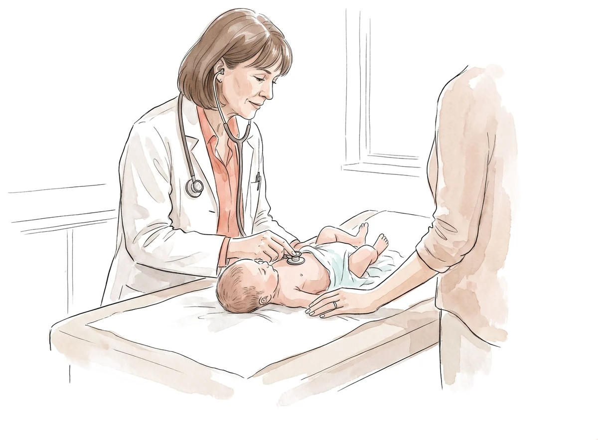 Ilustração: pediatra ausculta um recém-nascido na maca enquanto a mãe segura o pé da criança