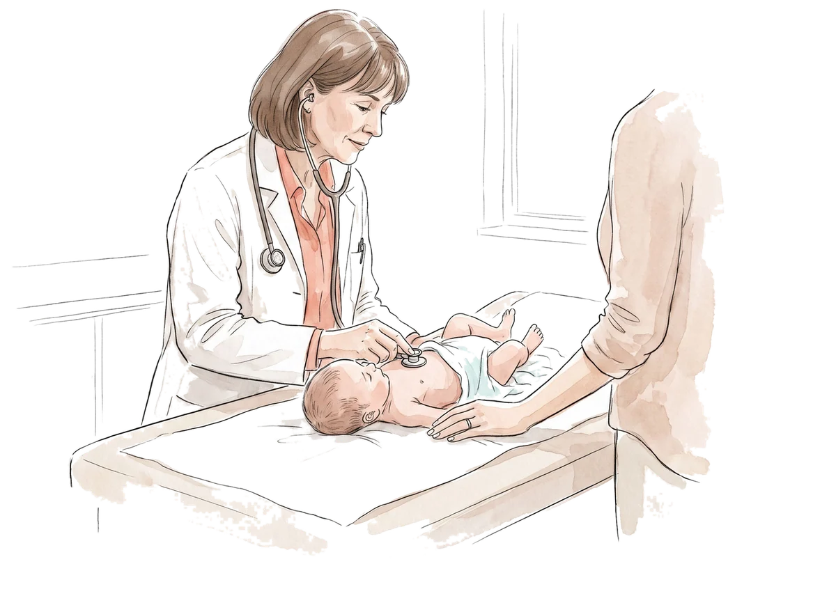 Ilustração: pediatra ausculta um recém-nascido na maca enquanto a mãe segura o pé da criança