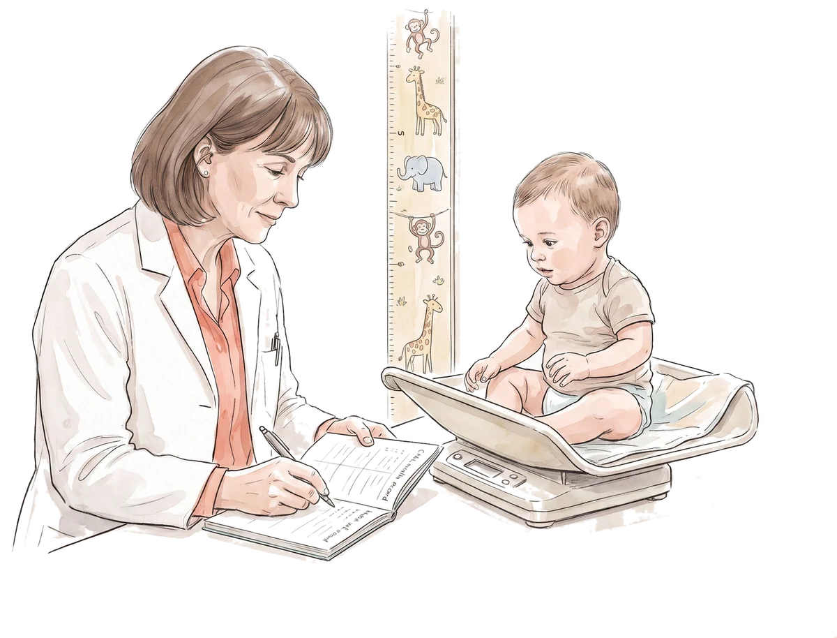Ilustração: bebê sentado na balança e pediatra anotando na caderneta da criança