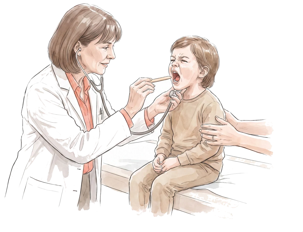 Ilustração: pediatra examina a garganta de uma criança pequena com abaixador de língua