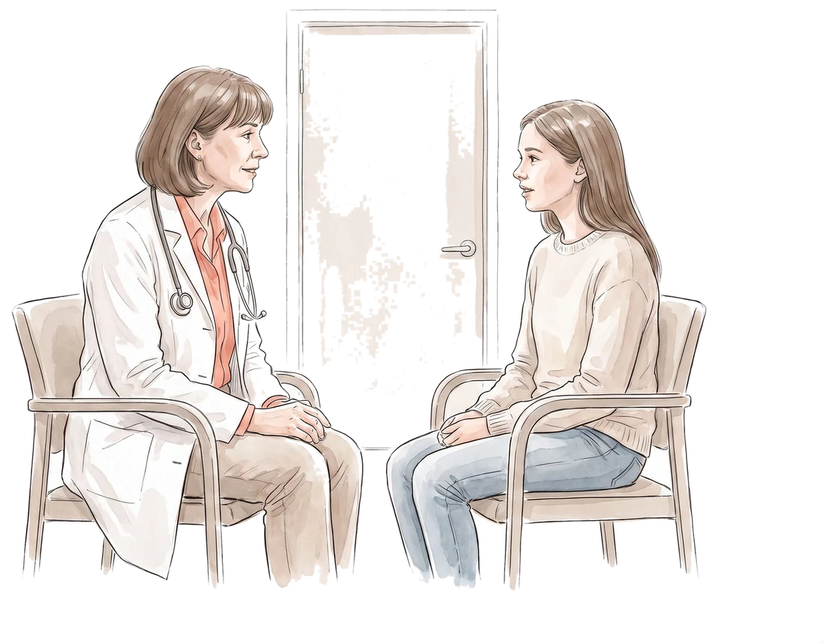 Ilustração: pediatra sentada de frente para uma adolescente, as duas na mesma altura