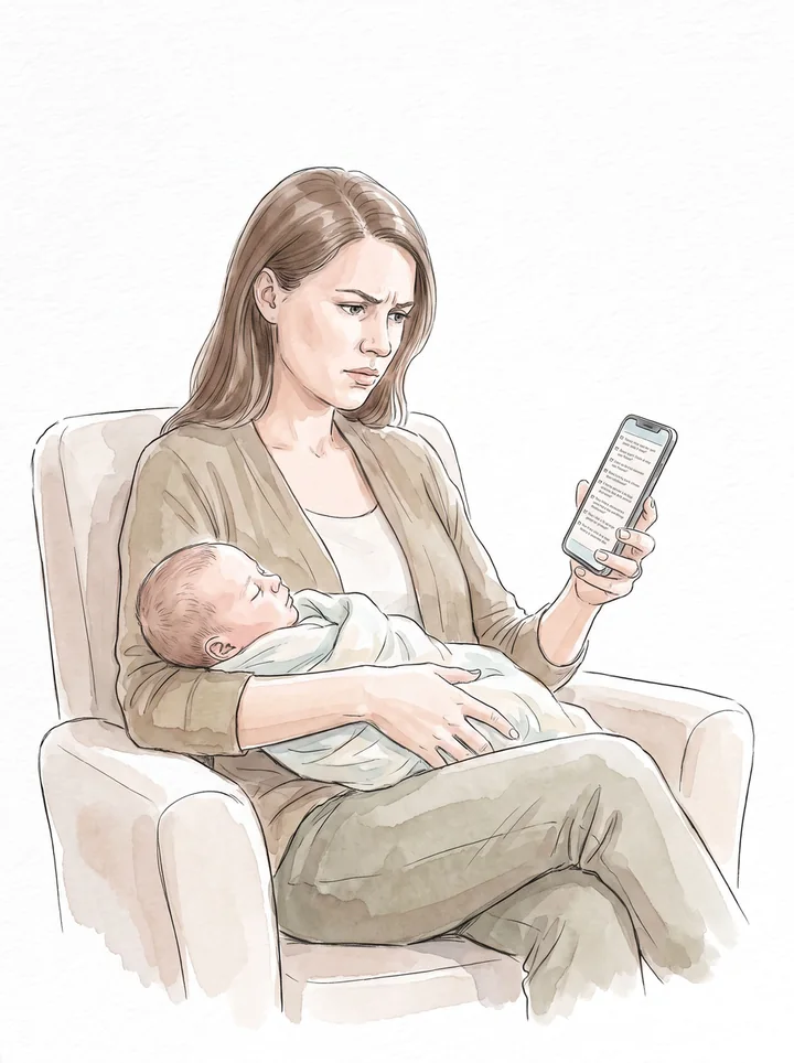 Ilustração: mãe de primeira viagem com o recém-nascido no colo e uma lista no celular
