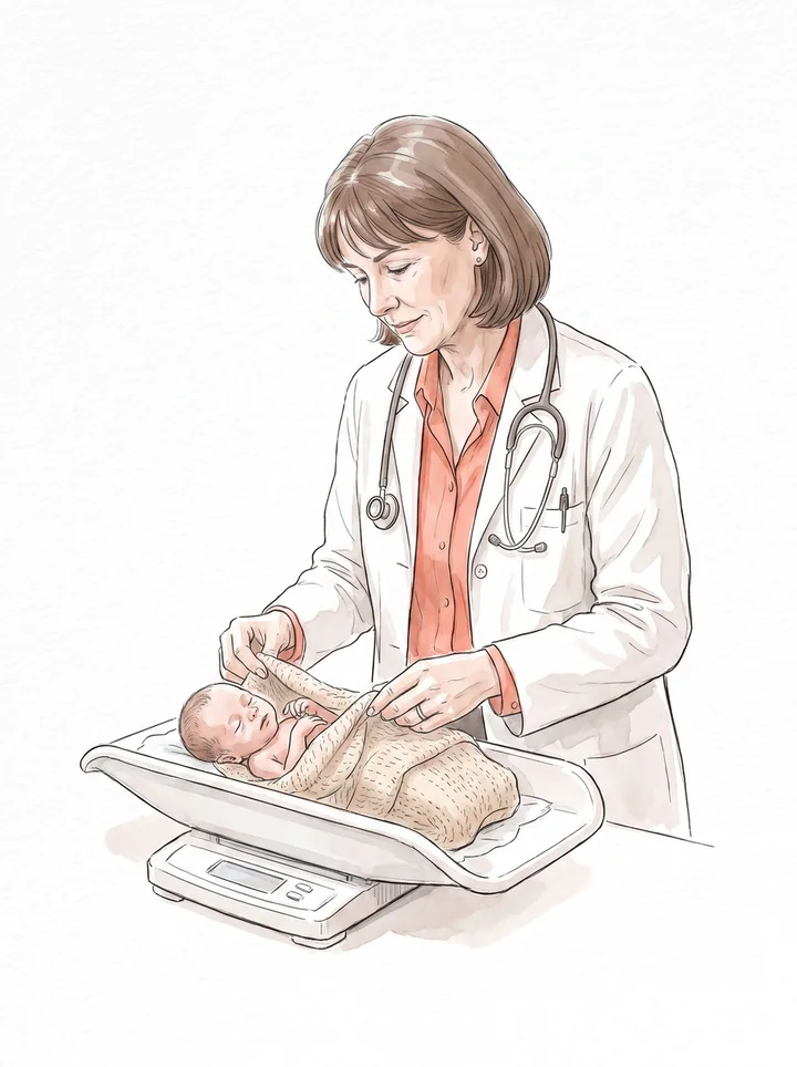 Ilustração: bebê prematuro enrolado em manta sendo pesado pela pediatra