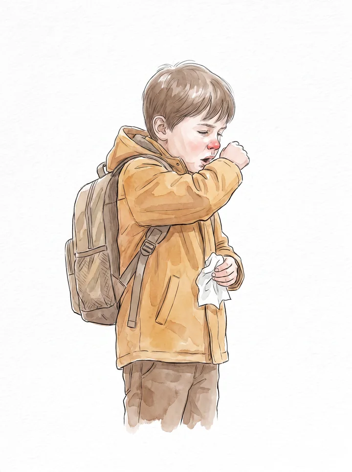 Ilustração: criança de mochila escolar tossindo no cotovelo