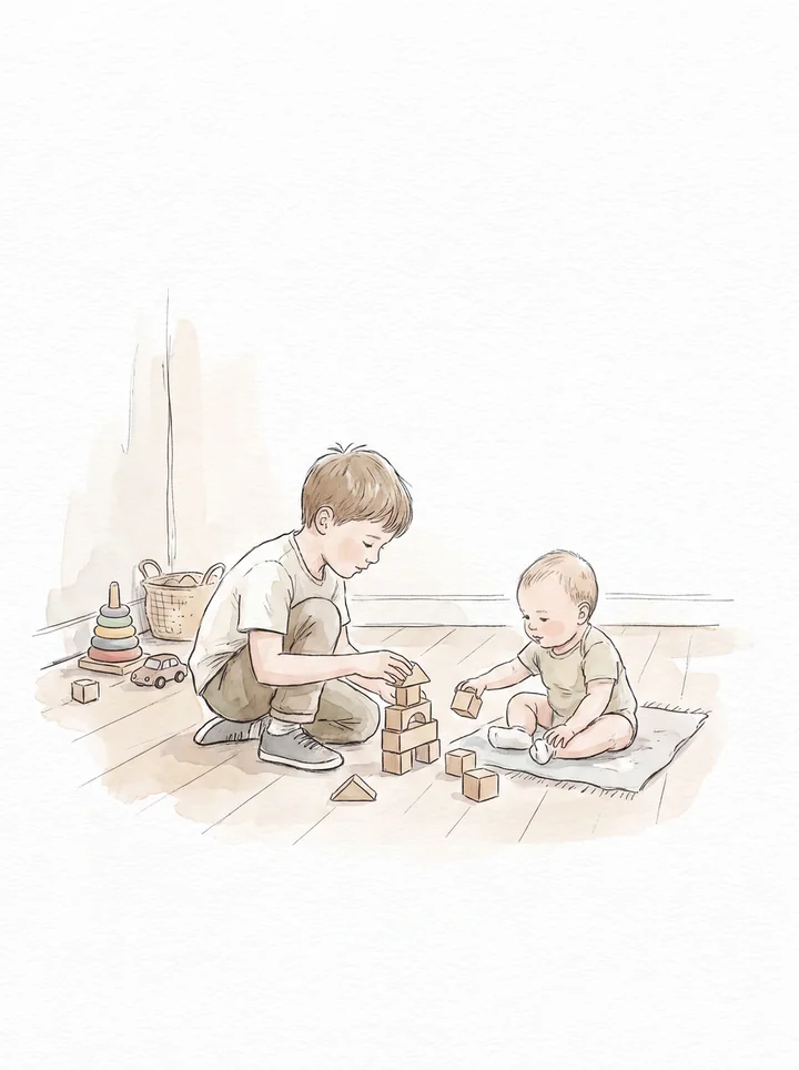 Ilustração: dois irmãos brincando com blocos de madeira na sala de espera