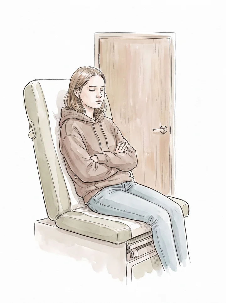 Ilustração: adolescente sentada sozinha na cadeira do consultório