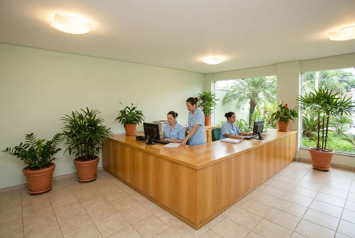 Recepção de clínica de medicina do trabalho, com balcão de madeira em L, recepcionistas de uniforme azul claro e vasos de planta, em cena representativa