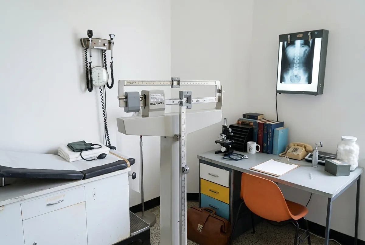 Sala de exames de clínica ocupacional, com balança antropométrica e negatoscópio, em cena representativa