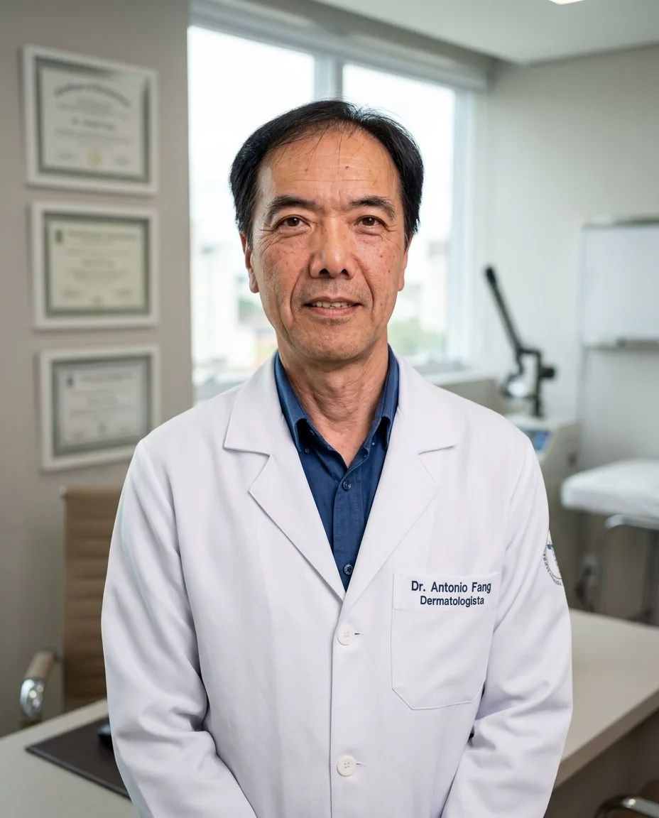 Dr. Antonio Fang em pé no consultório, jaleco branco com o nome bordado, diplomas emoldurados ao fundo