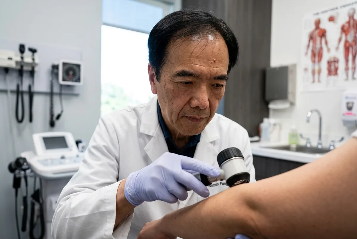 Dr. Antonio Fang examinando o antebraço de um paciente com dermatoscópio, luvas de nitrila azuis