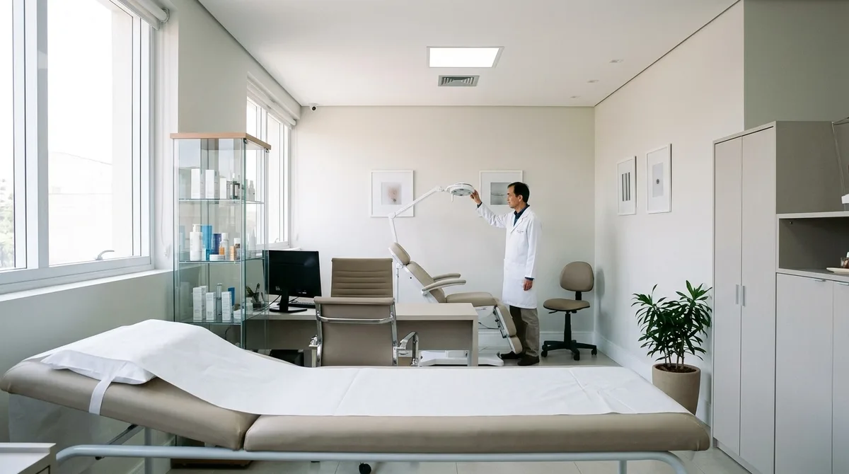 Sala de exame do consultório do Dr. Antonio Fang, maca ao centro, luminária articulada e armário com produtos ao fundo