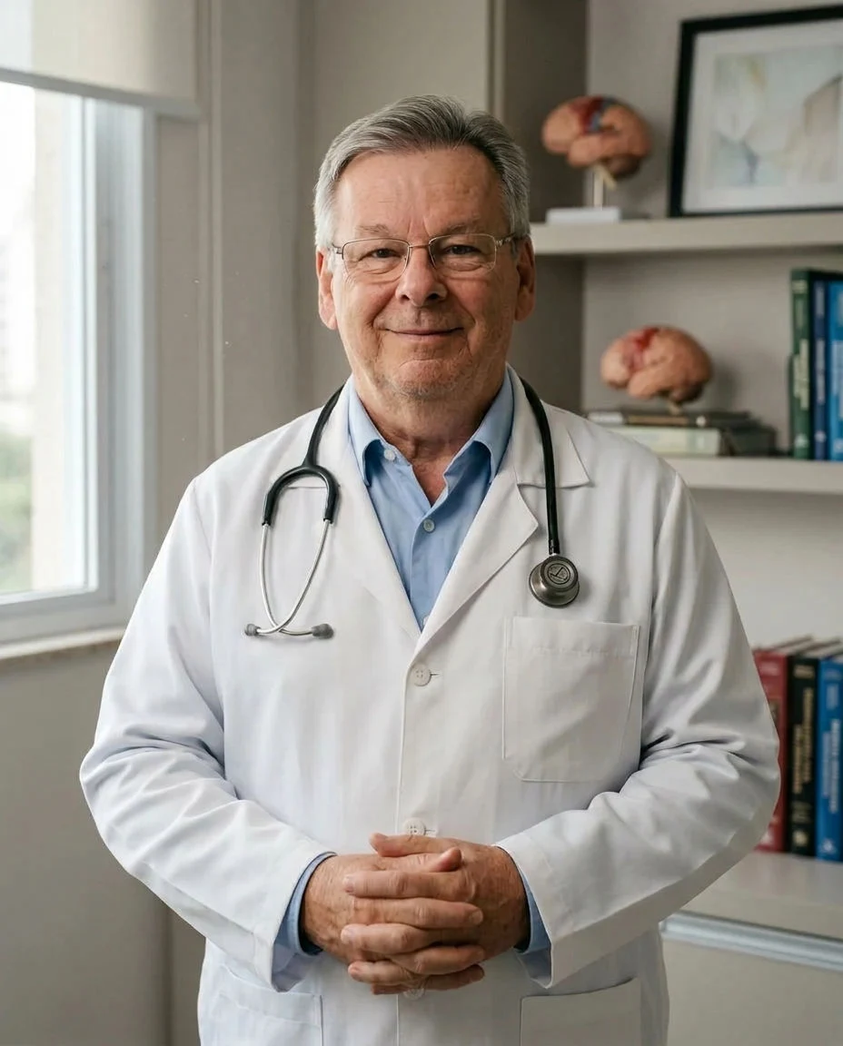 Dr. Israel Cirlinas de jaleco branco no consultório, estetoscópio no pescoço e as mãos entrelaçadas, com a estante de livros ao fundo
