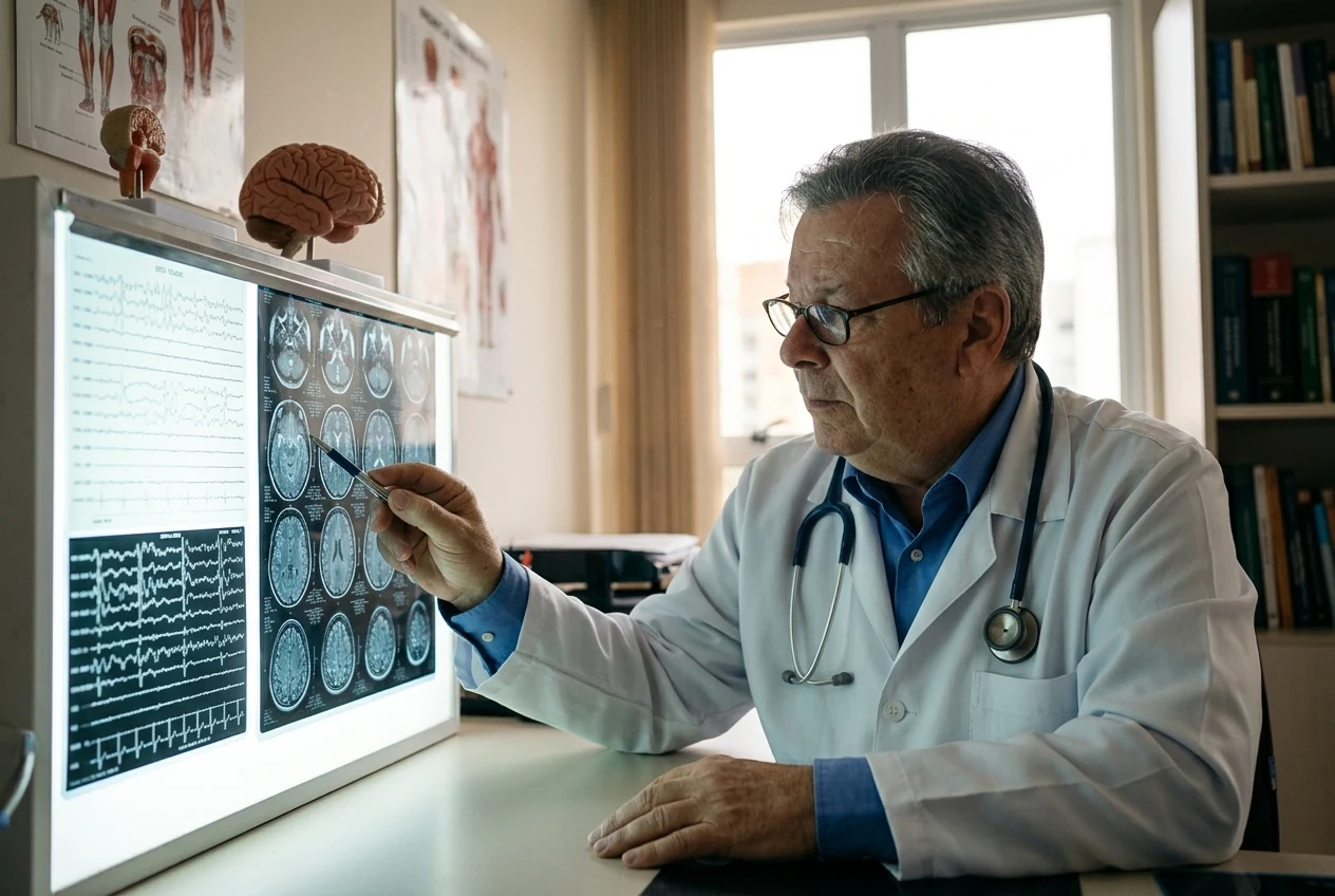 Dr. Israel Cirlinas apontando com a caneta para as imagens de ressonância do cérebro no negatoscópio, ao lado do traçado de eletroencefalograma
