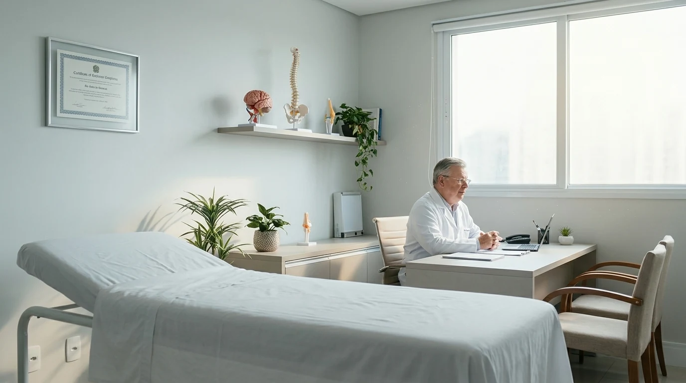 Consultório de neurologia com maca preparada, mesa junto à janela e prateleira com modelos de cérebro e de coluna, e o Dr. Israel Cirlinas sentado ao computador ao fundo