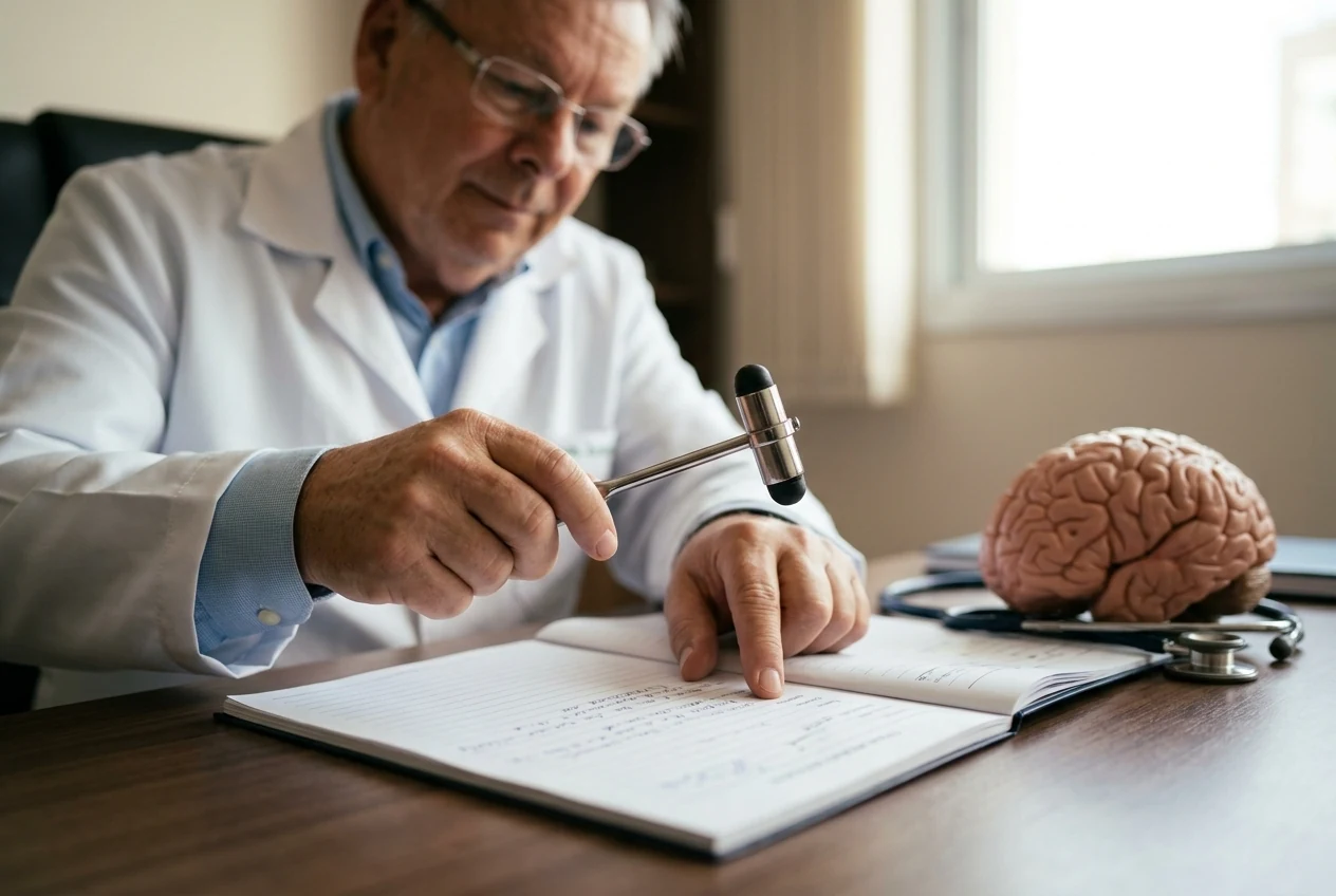 Mãos do Dr. Israel Cirlinas com o martelo de reflexo sobre o caderno de anotações, ao lado de um modelo de cérebro e do estetoscópio na mesa